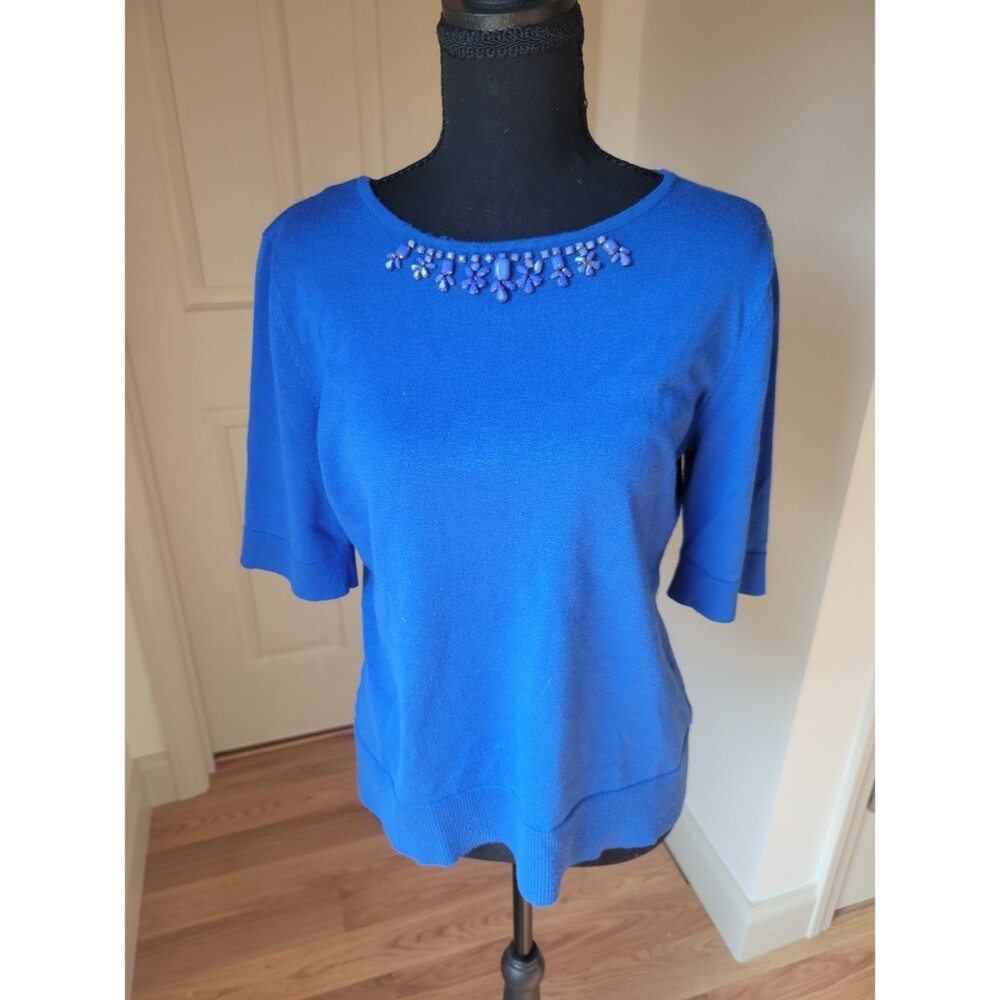 Royal Blue Embellished Crewneck Sweater Knit Top Elbow Sleeve Size M